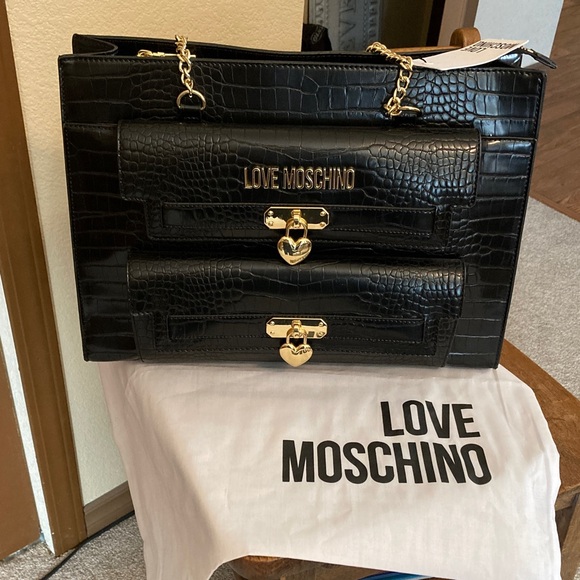 Love Moschino Handbags - Love Moschino Croc Embossed Vegan Leather Heart Charm Tote with Dust Bag NWT